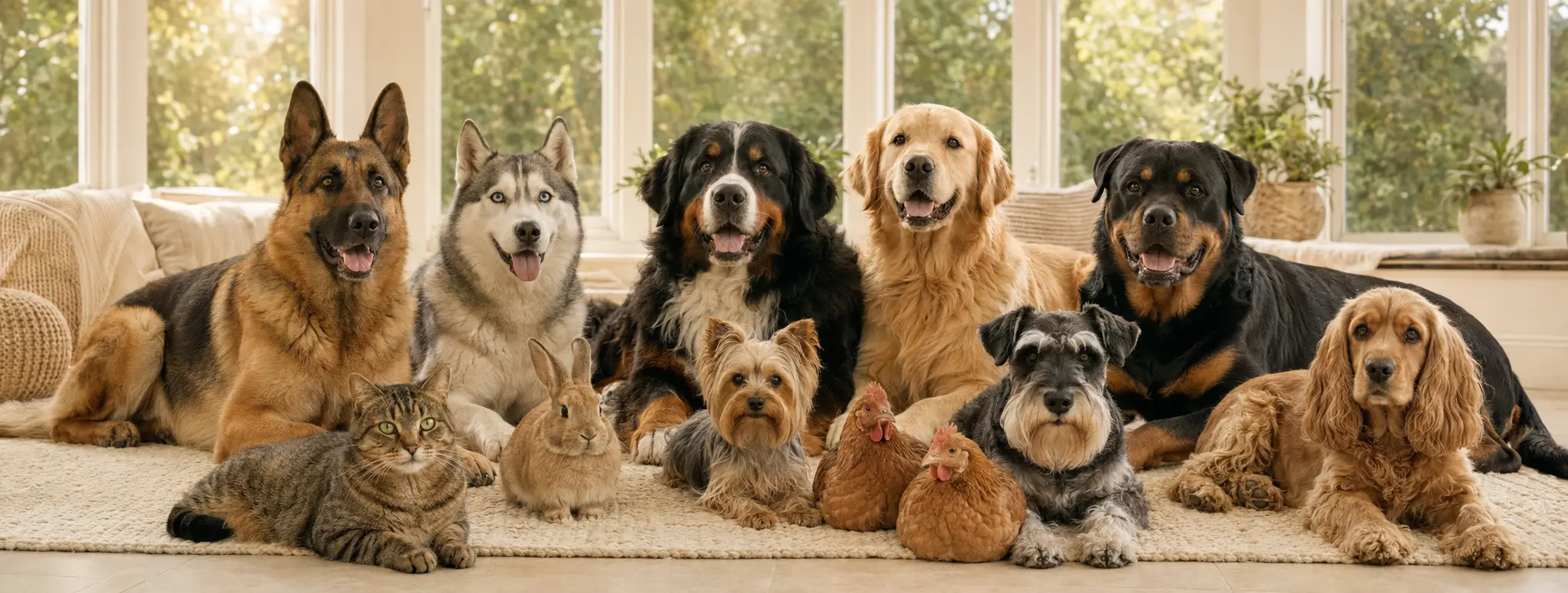 A friendly mixed group of dogs, a cat, a rabbit and chickens together in a bright sunroom