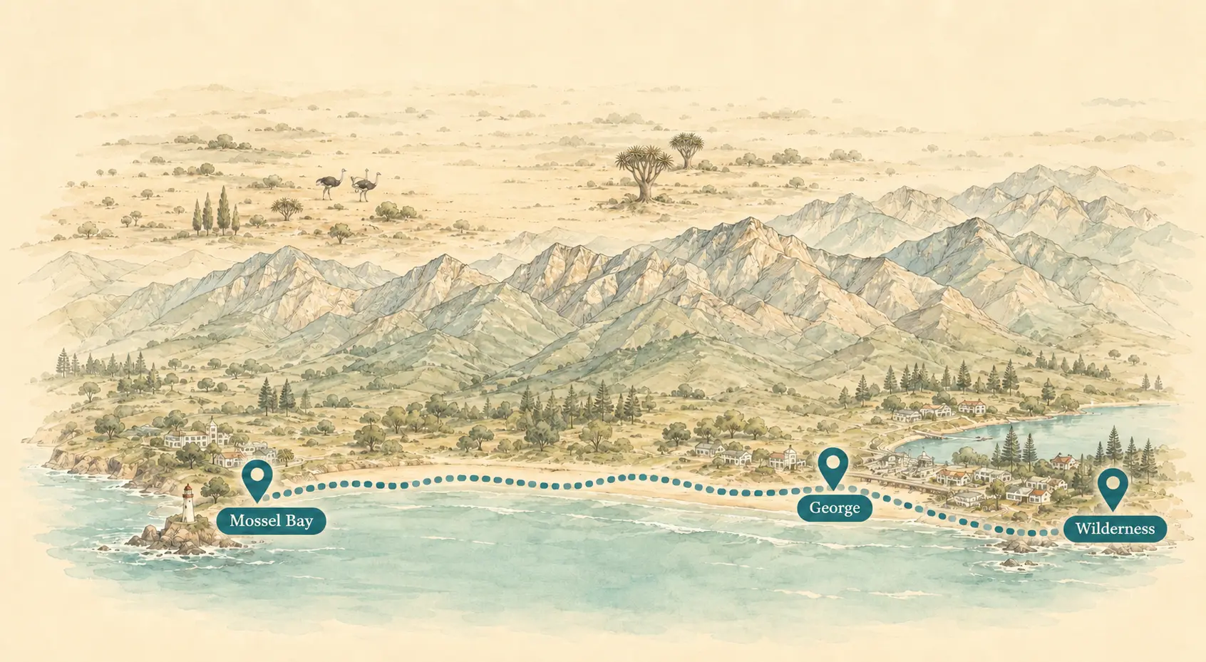 Illustrated Garden Route map with Mossel Bay and George on the coast and Oudtshoorn inland
