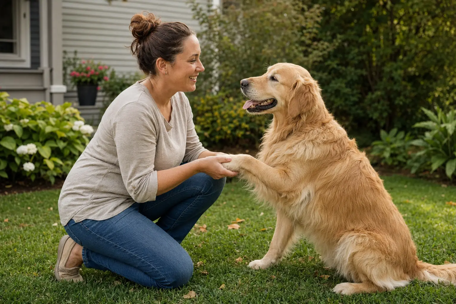 A caring pet sitter greeting a happy dog